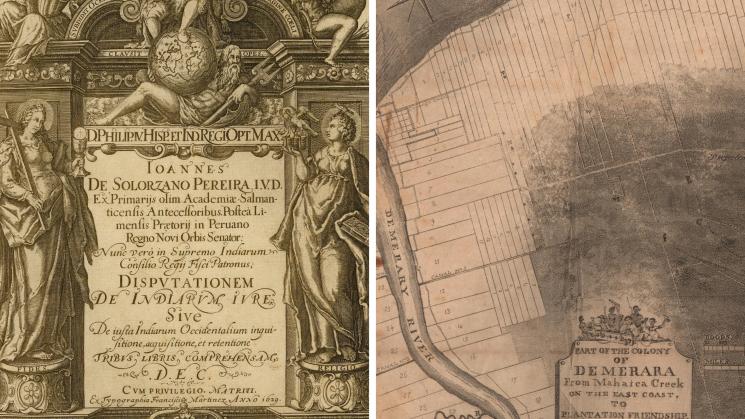 two images, the first a title page showing Faith and Religion as pillars upholding the Spanish monarchy within a classical architectural element, and the second a map of the colony of Demerara