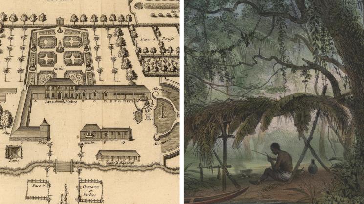 two images, the first showing a view of Préfontaine's plantation in the Guianas, and the second an image showing a runaway enslaved man in a forest