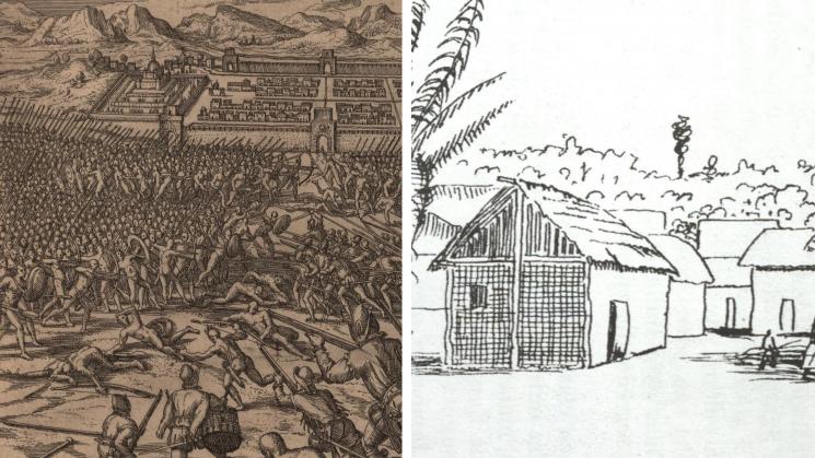 two images, the first an engraving of Native Americans and Spanish soldiers fighting around Cuzco, the second an illustration of an Indigenous group's village in Santarém, Pará, Brazil