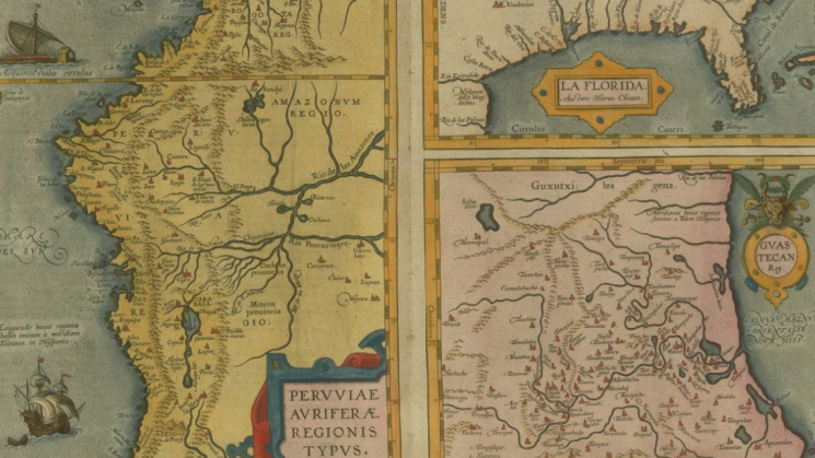 Three sixteenth-century maps. On the left is a map of the western coast of South America including Peru, on the top right a map of the southern part of North America from the Carolinas to the Mexican coast and on the bottom right a map of the northeastern part of Mexico. 