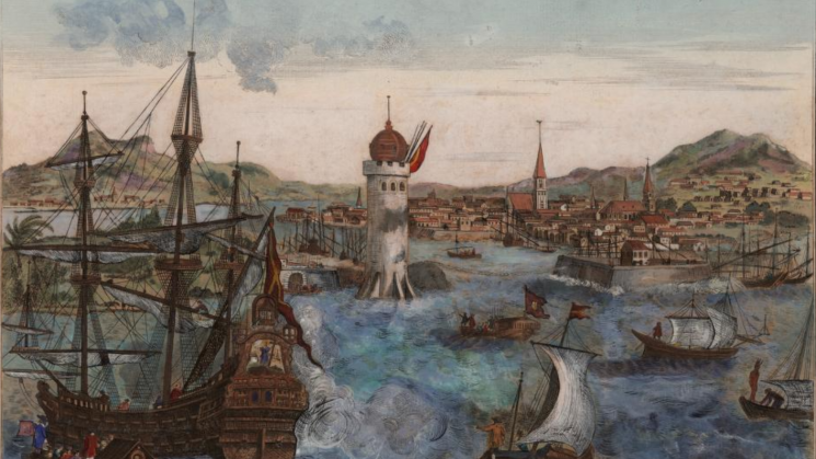 An eighteenth-century hand colored, engraved image of a ship unloading cargo and men from a boat, surrounded by other ships and backgrounded by a fortification, dwellings, churches, and a harbor.