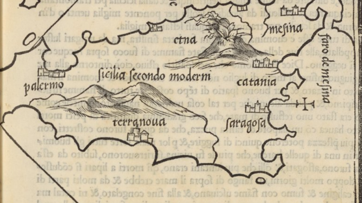 Simple, printed map of the island of Sicily, showing Mount Etna, Palermo, Messina, Catania, and other cities, which have been labeled by the author.