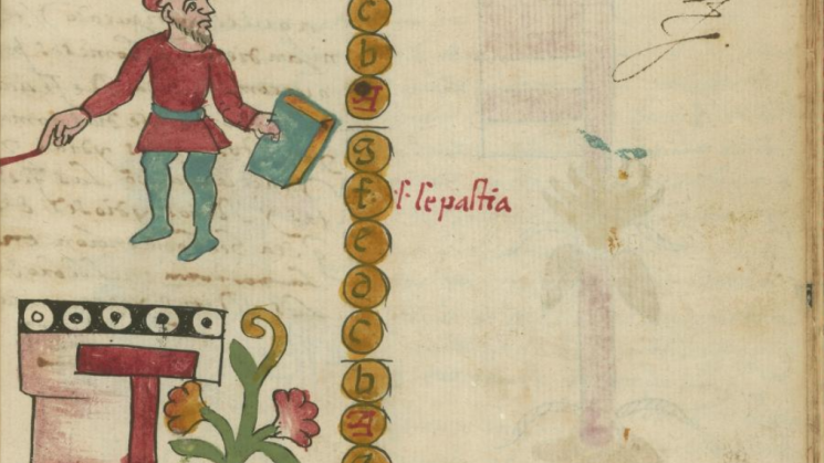 Detail from the Tovar Codex, showing a bearded Spanish man atop the symbol for house (calli), while holding a book that points to the letters of the Roman alphabet.