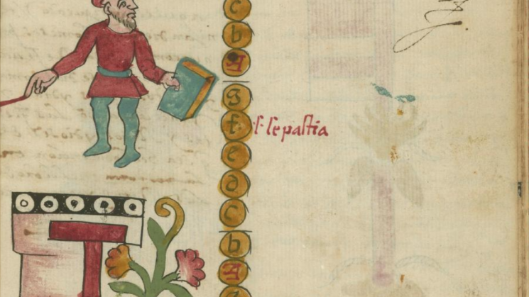 Detail from the Tovar Codex, showing a bearded Spanish man atop the symbol for house (calli), while holding a book that points to the letters of the Roman alphabet. 