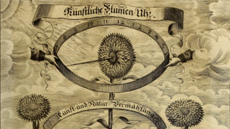 Image of an artificial flower clock, with two hands emerging from clouds on either side holding a numbered circle, and a thorn stemming from the flower's circle pointing at the time.