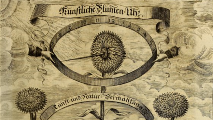 Image of an artificial flower clock, with two hands emerging from clouds on either side holding a numbered circle, and a thorn stemming from the flower's circle pointing at the time.  