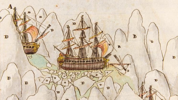 The image shows a drawing of a ship navigating ice floes in Tierra del Fuego.