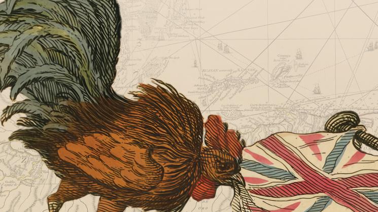 The image shows a rooster and the British flag.