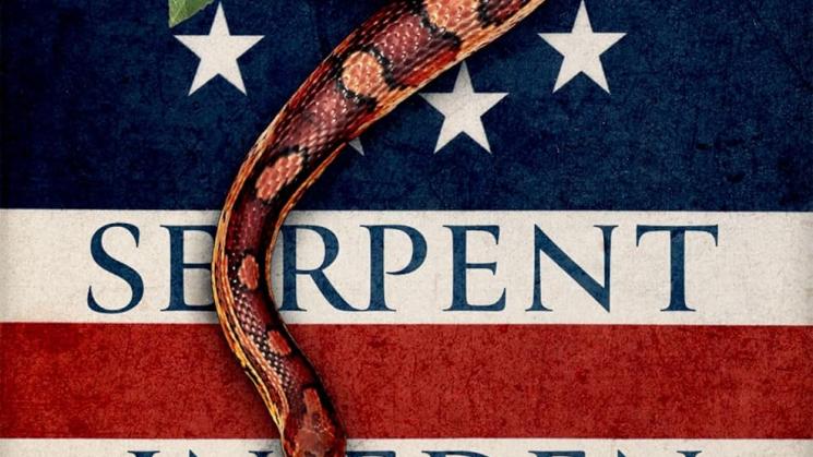 The image shows the cover of Reeder's book, which features the US flag, a snake, and an apple.