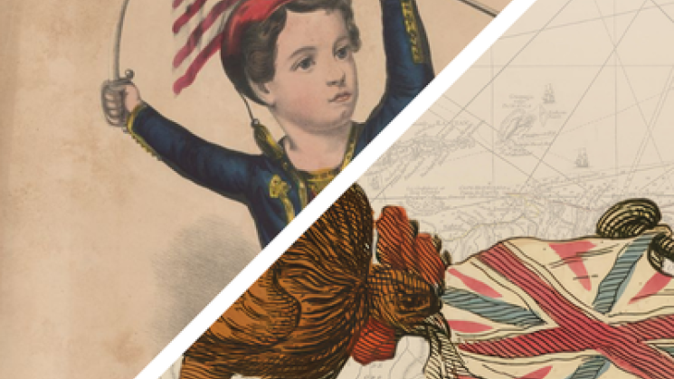 The image shows a drawing of a child holding a US flag and a sword and another drawing of a rooster and the British flag.