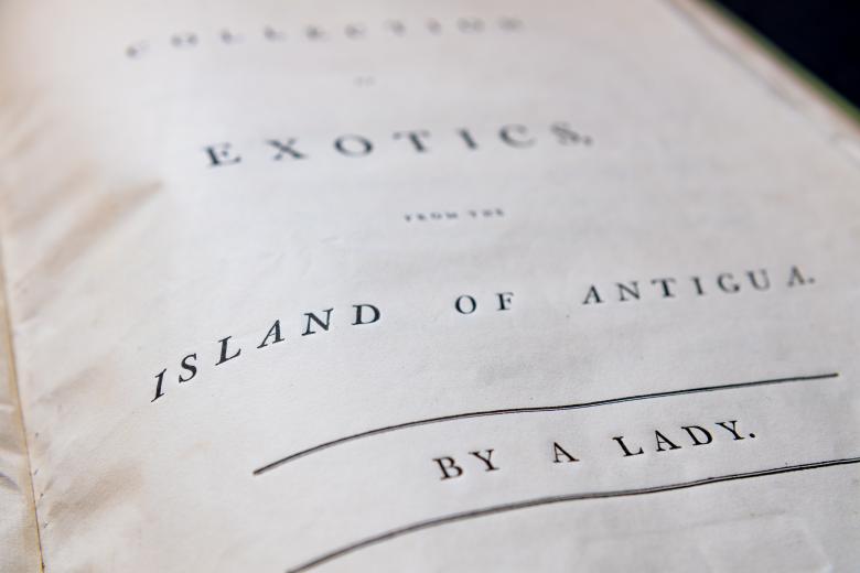 Detail of a printed book shows a title page written in English with the note "By a Lady" at the bottom of the page.