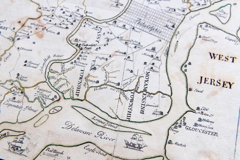 Detail of hand colored, engraved map of Philadelphia, Pennsylvania shows roads, rivers, settlements, and ships. Text in English labels features such as the Delaware River and West Jersey.