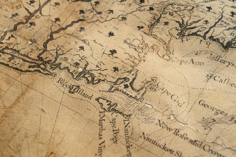 Detail of an engraved map of northeastern North America shows "Block Island," "Cape Cod," and other landmarks.