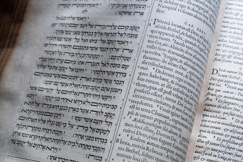 Detail of a page that is split in half. The left portion of the page is designated to text in Hebrew while the right side shows text in Latin. 