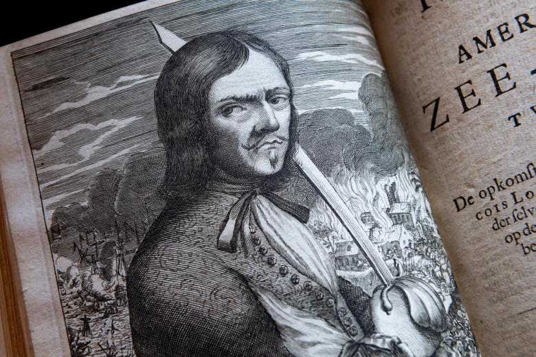 Detail from a printed book shows an illustrated portrait of a man holding a sword while in the background naval warfare is partially visible.