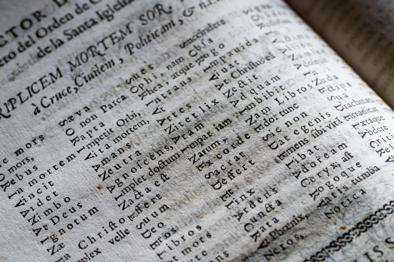 Detail of a printed book shows text in Latin organized in a chart of some sort.