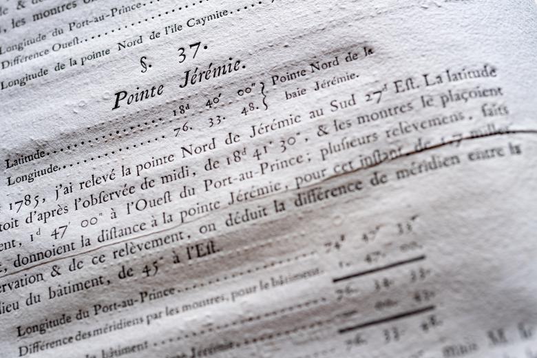 Detail of a printed pilot shows text in French including the subtitle "37. Pointe Jérémie."