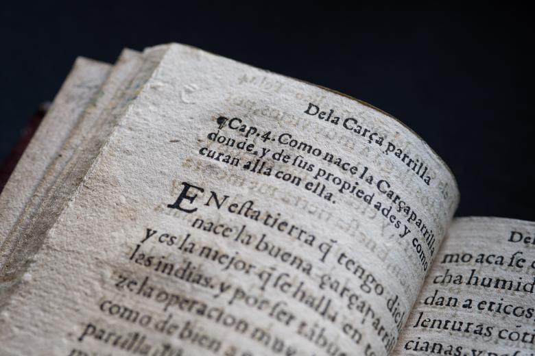 Detail from a printed book shows text in Spanish reading "En esta tierra" and other text.