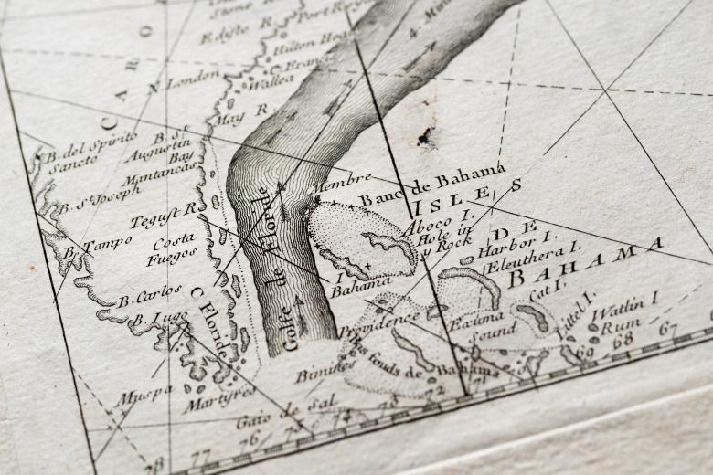 Detail of an engraved map shows the direction of flow of the "Golfe de Floride." Other text in French labels nearby landmarks such as "Isles de Bahama.'