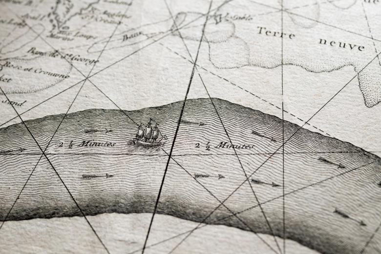 Detail of an engraved map shows the direction and speed of flow of the Gulf Stream. Other details include a ship sailing and French text reading "Terre neuve."