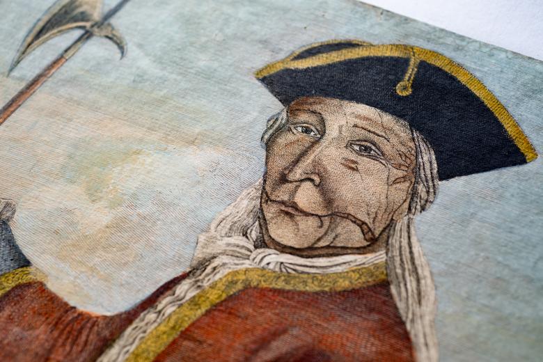 Detail of an engraved, hand colored print shows portrait of Hendrick, a Mohawk chief.