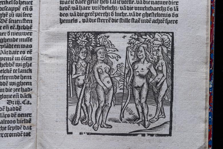 Detail of a printed text shows an illustration of four naked Natives surrounded by trees. One holds a cross bow and another holds a large stick. Text in Dutch is also visible.
