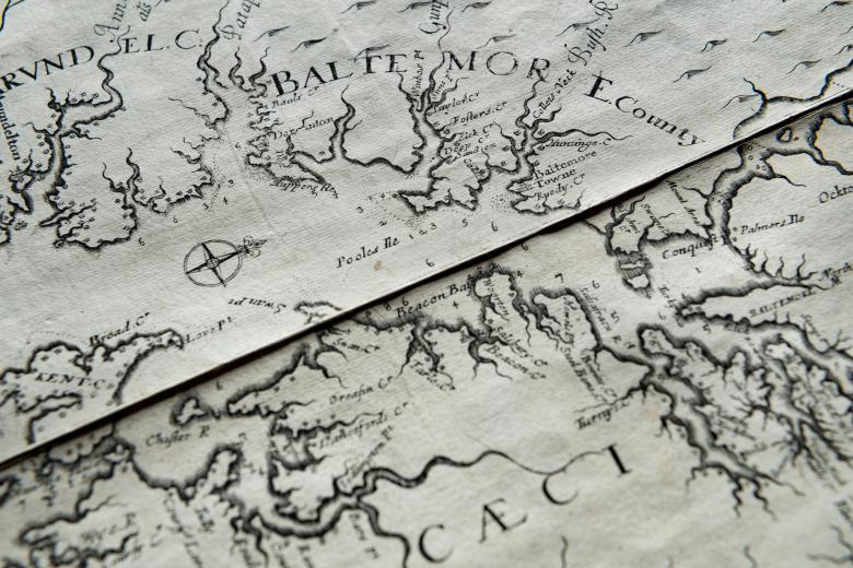 Detail of an engraved map of Virginia and Maryland shows "Baltemore county," a compass rose, and labels in English.