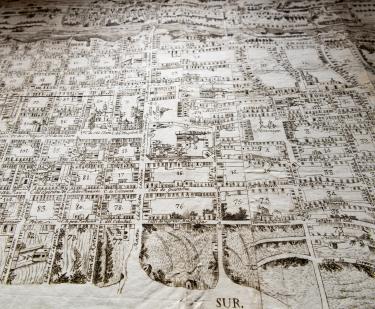 Detail of an engraved city plan of Queretaro shows numbered blocks in the city layout.
