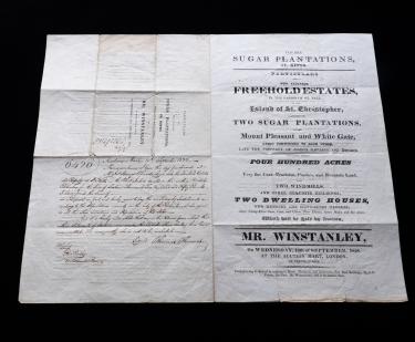 Printed document shows details of a sugar plantation with manuscript notes.