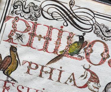 Detail of a manuscript title page shows red and black ink used for titular text and birds.