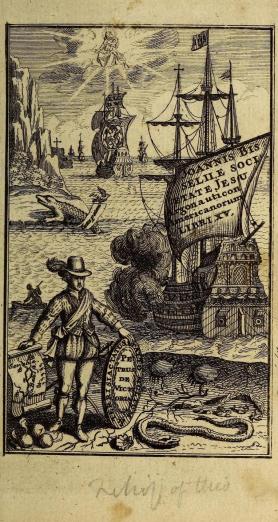 The fictional character Pedro Gobea de Victoria stands on the edge of the shore, with ships, sea-monsters and ocean in the background