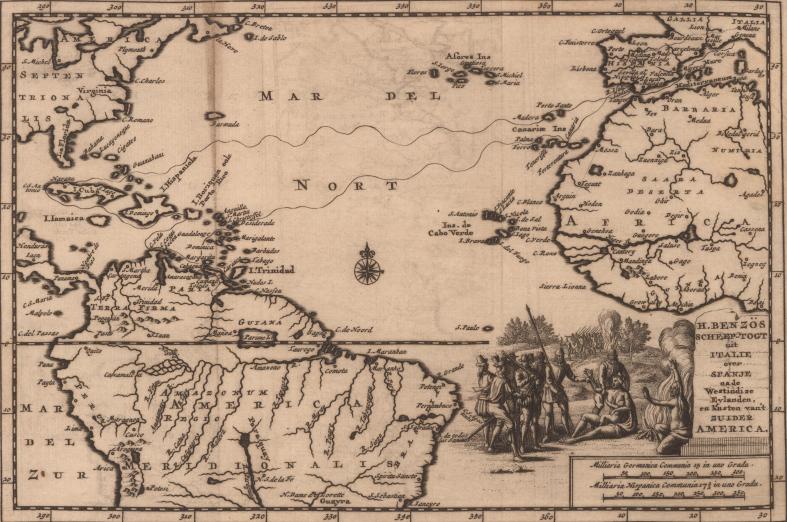 18th century map with illustration of Spaniards brutalizing Indigenous people 
