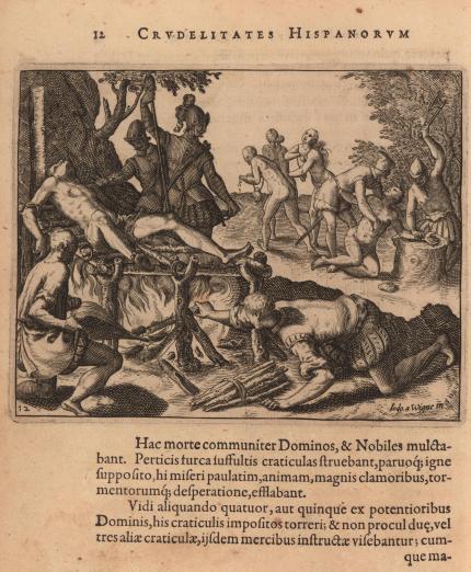 engraved 16th century image of people being tortured over a fire pit