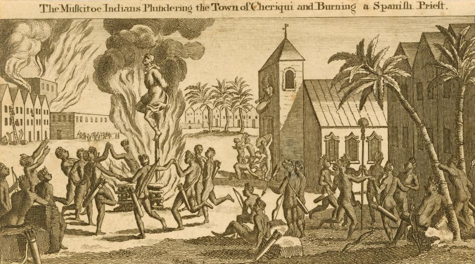 groups of indigenous people gather to capture and burn Spaniards