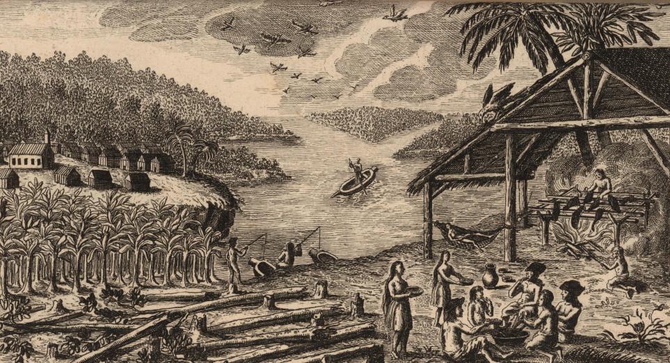 Native people grilling meat over a flame, people fishing, people sitting washing feet, boats on the water