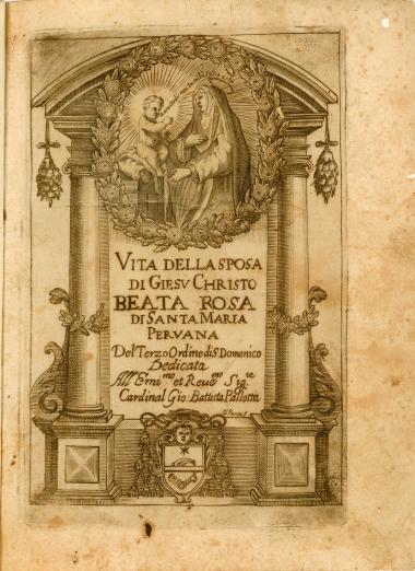 title page depicting the nun Rose of Lima and Christ as a child