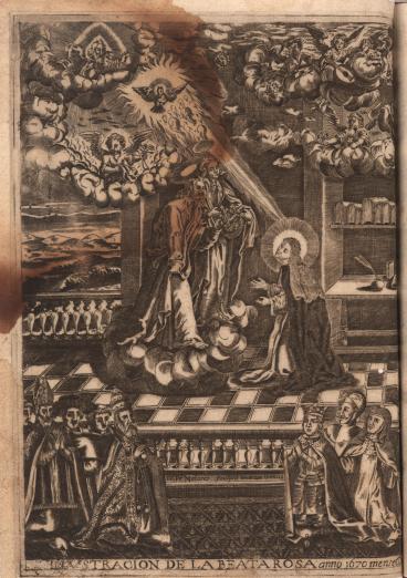 Rose of Lima receives a crown of roses from Christ and the Virgin