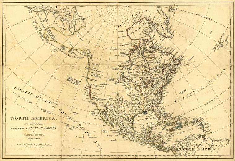 printed map of North America, also showing the oceans, part of Asia, Arctic Lands, the Caribbean and northern South America