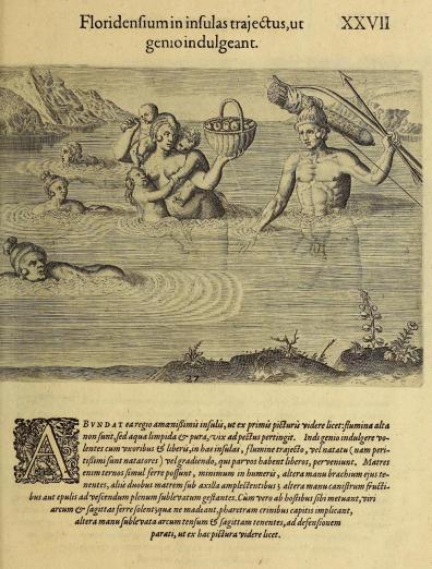 Timucua men, women and children swimming