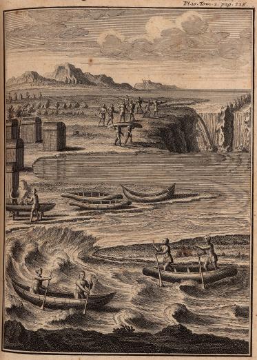 Abenaki and Outaouac boats in water and a scene of portage