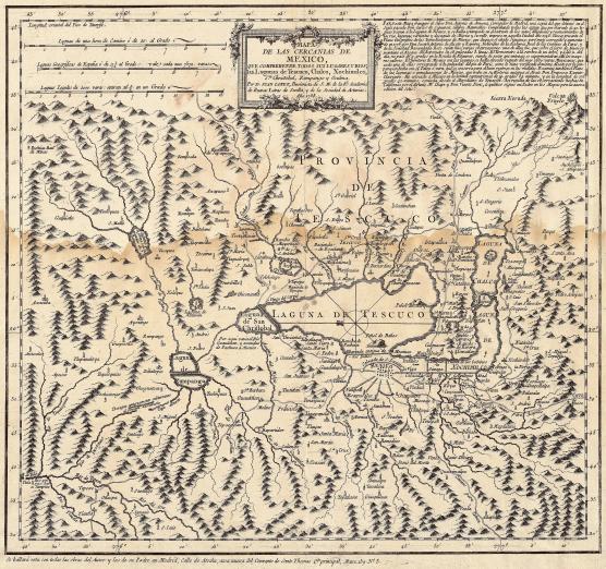 map of Mexico City also showing mountains, Lake Texcoco and numerous rivers