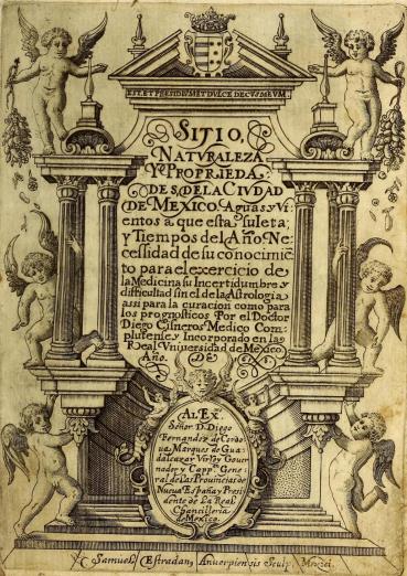 title page text surrounding by angels and architectural details