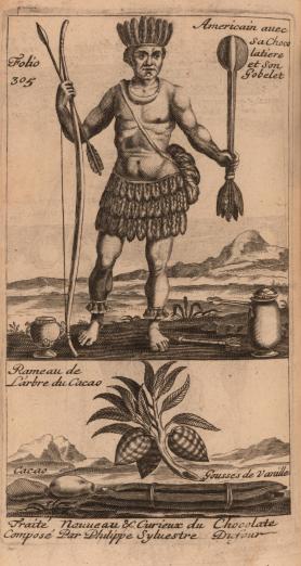 a Native American man is pictured with tools for preparing chocolate beverages, along with a detail of a cacao branch, its fruits, and some vanilla pods