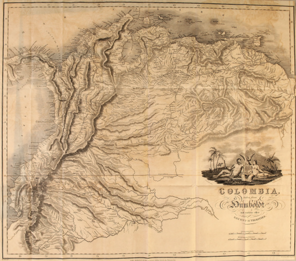 Printed fold-out map shows topography of Colombia in great detail. Includes decorative cartouche, illustration of two naked people sitting facing each other, and scales.