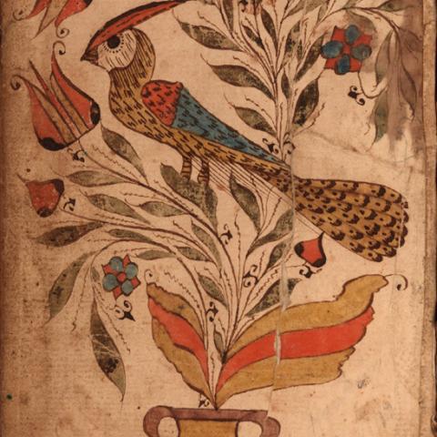 hand-painted picture of peacock, vase and flowers