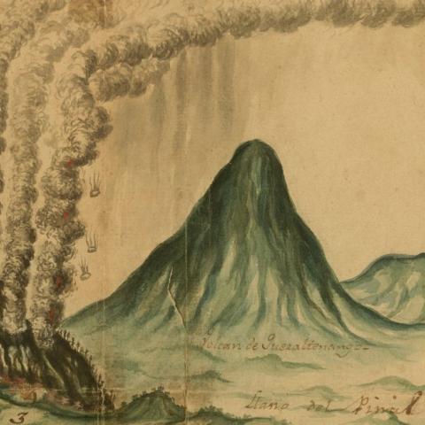 detail of an image with smoke and lava erupting from volcanoes and grassy hills in the background