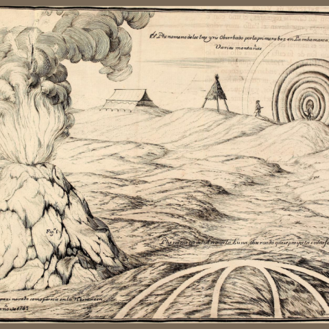 Drawing of what seems to be a fire in a field taken from the exhibition.