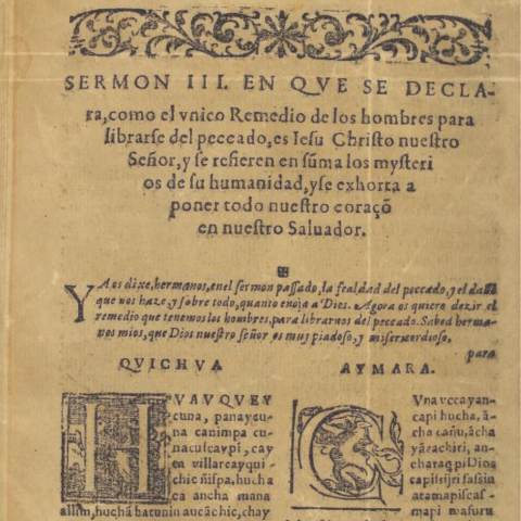 The image shows a page from an old book with sections in Quechua and Aymara.