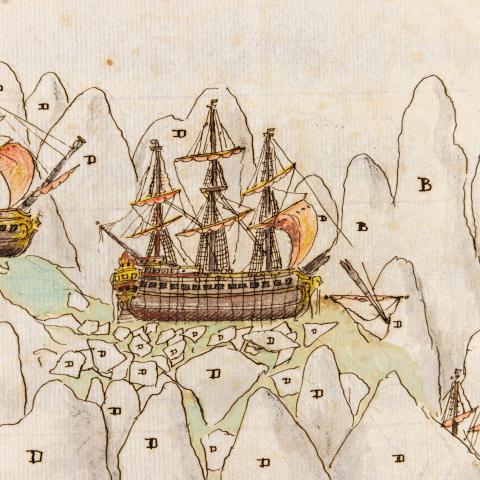 The image shows a drawing of a ship navigating ice floes in Tierra del Fuego.