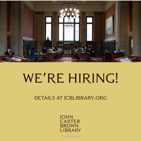 The image shows the Reading Room at the JCB, the JCB logo, and the text "We're Hiring! For more information see jcblibrary.org."